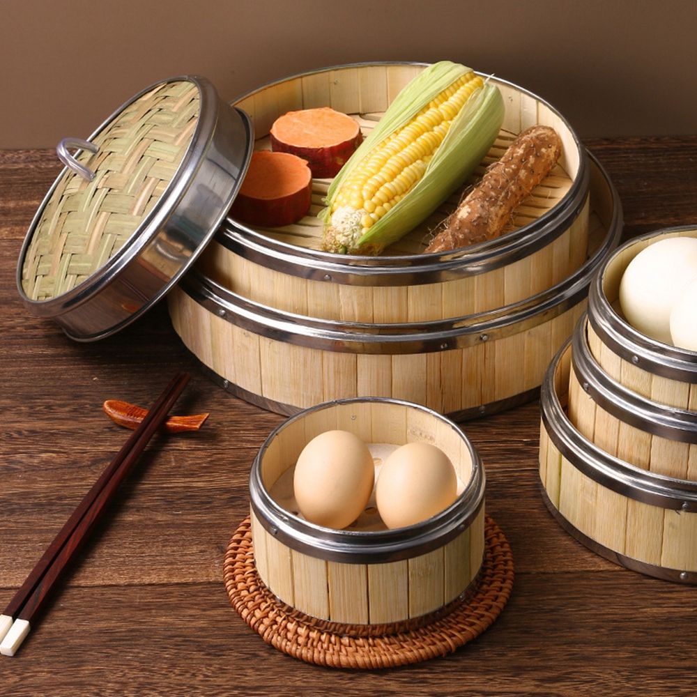Bao Steamer Bamboo - Stalen handgreep, Chinese stoommanden, geweven bamboe,